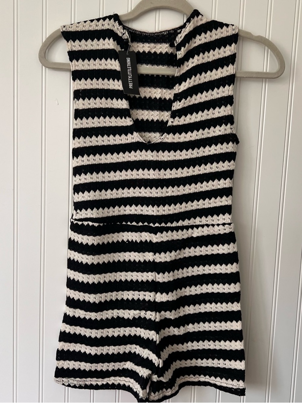 PrettyLittle Thing Women’s Black Striped Textured Jersey Racer Back Unitard